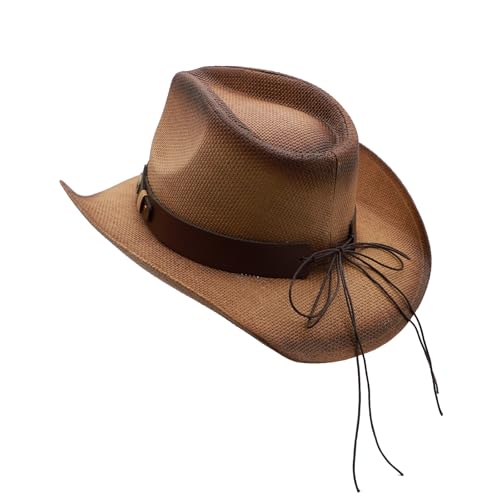Image of Mens Straw Cowboy Hat Unisex Western Beach Sun Hat for Men Women Wide Brim Fedora Hat Cowgirl Hats Summer Panama Hat