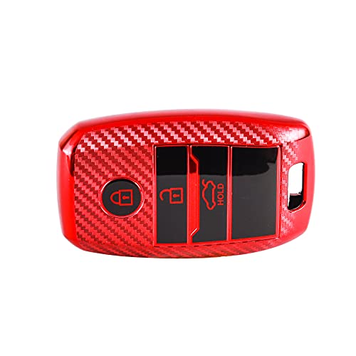 Image of JVCV Soft TPU Carbon Fiber Style Car Key Cover Compatible with Kia Seltos Sonet Carens 3 Button Push Start Car Key (Red)