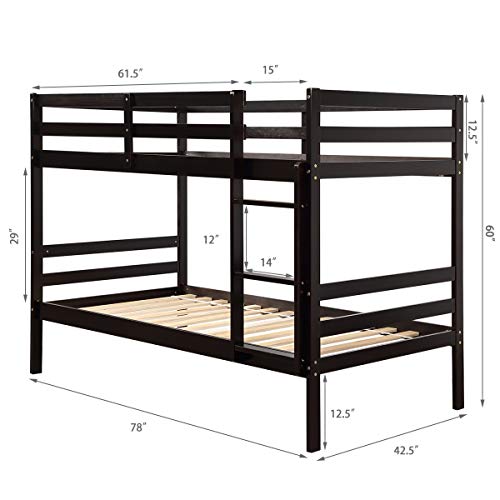 Costzon Twin Over Twin Bunk Beds, Wood Convertible Two Beds, Solid Rubberwood Bunk Bed With Built-In Ladder And Safety Rails, No Box Spring Needed, Space Saving Bed Frame For Bedroom (Espresso) #TOP5