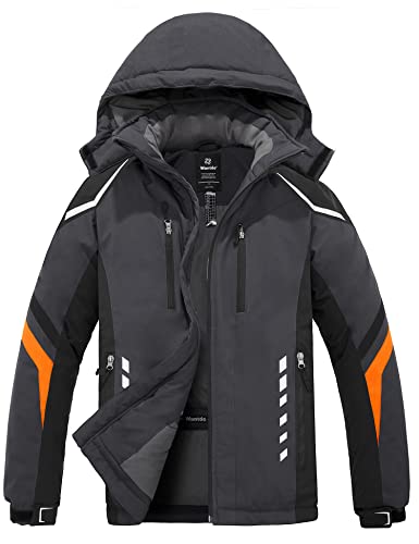 Wantdo Homme Veste de Ski Outdoor Veste Imperméable Coupe-Vent Manteau d'hiver Chaud avec Capuche Amovible Veste Sport Randonnée Coupe-Vent Orange L