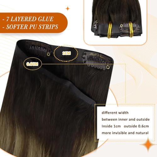 Image of Full Shine Seamless Clip in Hair Extensions, Dark Brown to Caramel Balayage | Remy Human Hair, 14 Inch 120g 8 Pcs, Invisible PU Weft, Thick Ends, Short-Length Volume, Full-Head Styling, Daily Wear
