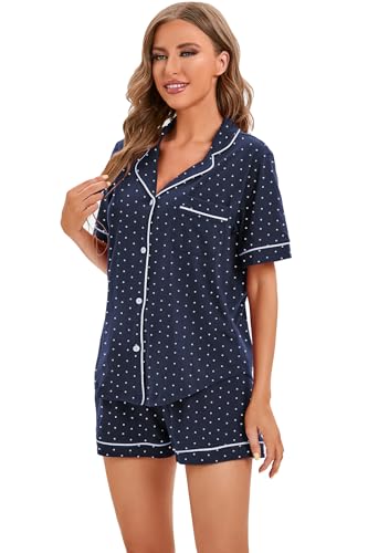 Image of LUBOT 100% Cotton Pajamas for Women 2 Piece PJ Set Button-Down Soft Knit Short Sleeve Summer Sleepwear Loungewear XS-XXL