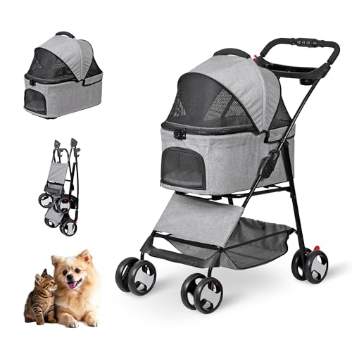 Pet Stroller 4 Wheels Dog Cat Stroller for Small Medium Dog Cats Carrier Jogger Travel Foldable...