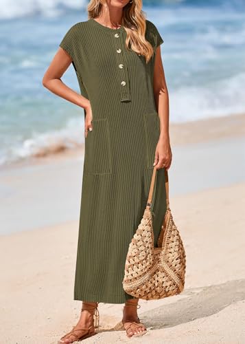 Image of KIRUNDO Womens Summer Ribbed Knit Short Sleeve Maxi Dress | 2026 Spring Henley Button Up Knitted Tshirt Dress, Loose Beach Vacation Sundress, Teacher Dress, Loose Fit Nursing Friendly