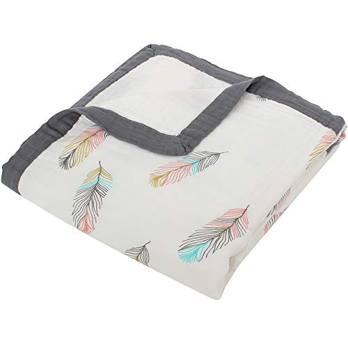 Lifetree Baby Muslin Blanket, Feather Print 2 Layer Toddler Blanket for Baby Girls