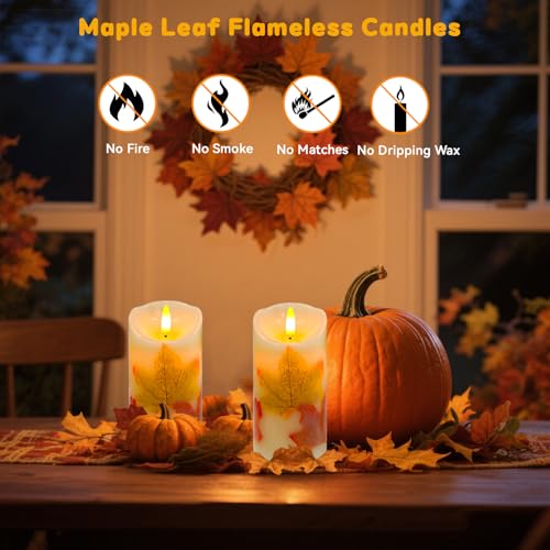 Image of Maple Leaves Flameless Candles Set of 2, Fall Candles with Remote & Timer