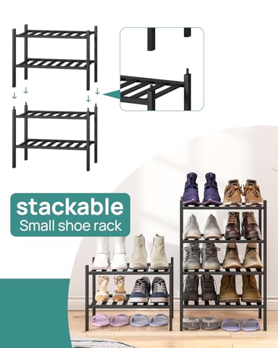 viewcare Black Small Shoe Rack for Entryway, 4-Tier Bamboo Shoe Organizer for Hallway Closet, Free Standing Shoe Racks for Indoor Outdoor - Thumbnail 4
