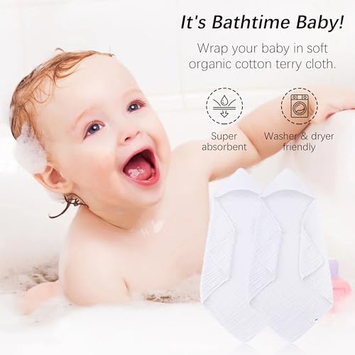 Image of SWEET DOLPHIN Muslin Hooded Baby Bath Towels - 2 Pack 100% Cotton Towel for Babies, Infants, Toddlers - 32x32Inch - Highly Absorbent and Newborn Essential, White