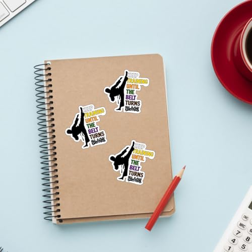 Image of 3 Pcs Keep Training Until Belt Turns Black Sticker, Karate Taekwondo Stickers, Black Belt Taekwondo Martial Arts Car Decal - Vinyl Sticker for Water Bottles Laptop Phone Car Window Helmet (S1, 5 inch)