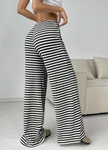 Image of Women's Casual Checkered Pants Drawstring Elastic Waist Comfy Loose Straight Wide Leg Plaid Pants with Pockets