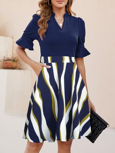 Image of Mokayee Womens Summer V Neck Ruffle Short Sleeve Fit and Flare Knee Length Church Wedding Guest Dresses with Pockets