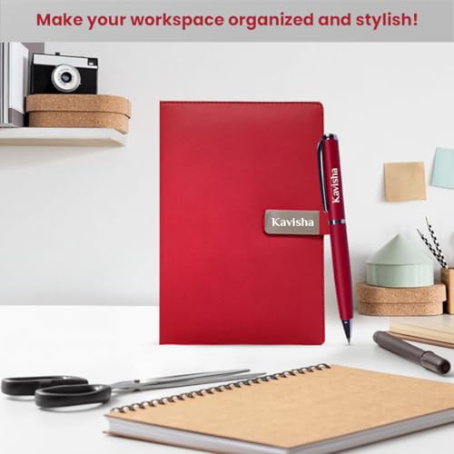 Image of Giftana Personalized Notebook Diary with Pen Gift Set for Men and Women, 2 in 1 Customized Office Diaries A5 Size Notebook, Diwali Gifts, Personalised New Year Corporate Gifts for Employees (Red)