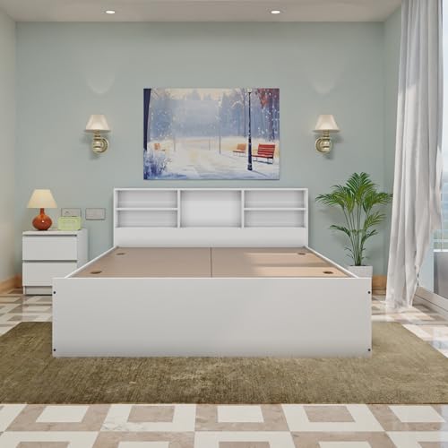 Image of VIKI Utility King Size Bed with Storage (70x80) | Engineered Wood Bed Frame for Bedroom | Modern Box Storage Cot | Frosty White Finish | Free Assembly | 1 Year Warranty