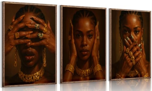 3Pcs Black Girl Wall Art Fashionable African American Black Female Painting Picture Wall DCor Abstract Aesthetics Black Girls Gestures Poster Print Artwork For Living Room Bedroom 12x16in Unframed