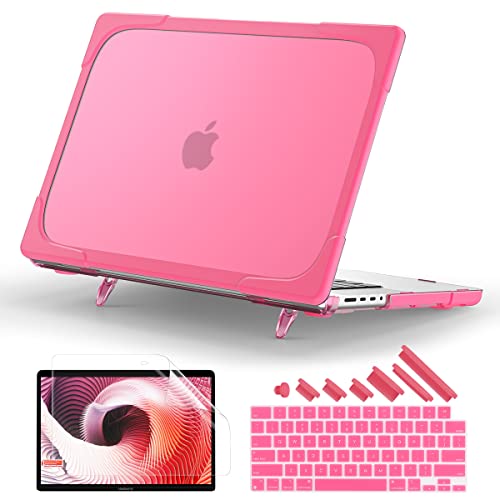 Batianda Heavy Duty Case for New MacBook Pro 16 inch 2026 M5 2024 M4 2023 M3 2021 M2 Pro Max Chip- Ergonomic Foldable Kickstand (Holds 22lbs/Zero Wobble) Matte Translucent Rugged Armor Cover, Pink by Batianda - Used condition - US$34.33
