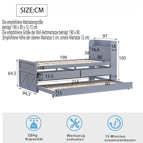 Azkoeesy Cama funcional 90 x 190 cm, con cama nido con 2 cajones, con somier y espacio de almacenamiento, cabecero con conexión USB, cama de invitados (gris), CDZH-LD000070 - imagen 2
