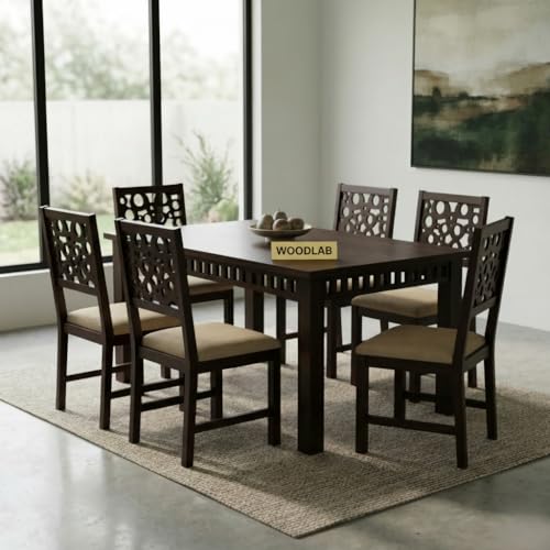 Image of WOODLAB Sheesham Wood 6 Seater Dining Table Set with Chairs | Wooden Dining Table for Home Dining Room | 6 Seater Dinner Table Set for Living Room and Home - Walnut Finish