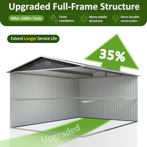 Image of DAUSOLA 10x12 FT Outdoor Storage Shed, Metal Garden Tool Shed with Updated Frame Structure and Lockable Doors, Ideal for Backyard Garden Patio Lawn, Grey