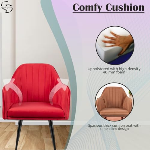 Image of Velvet Accent Chair | Luxury Upholstered Armchair with Sturdy Metal Legs | Modern Comfortable Chair for Living Room, Bedroom, Office, or Cafe (Black Legs, Red)