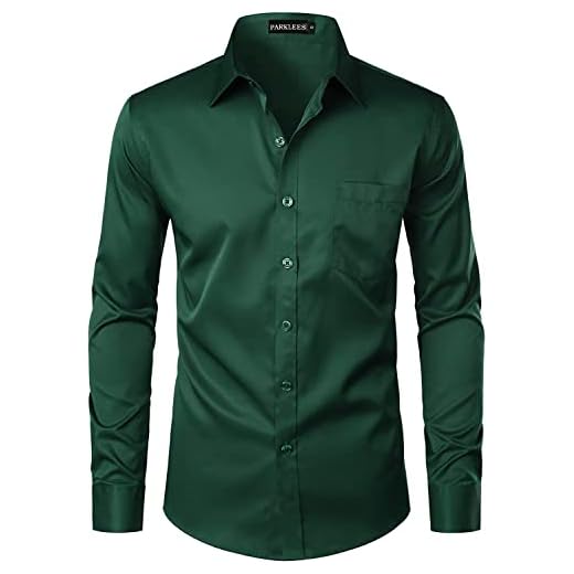 PARKLEES Chemise boutonnée élégante à coupe ajustée, manches longues et poche, style urbain, décontracté ou affaires, pour hommes, vert foncé, L