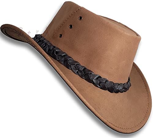 Oztrala Buffalo Leather Hat Australian Outback Breezer Western Cowboy Mesh Mens Womens Kids Jacaru Black Brown Tan HLBS HLBB (Solid Mushroom, S, Numeric_6_and_7_eighths) Oztrala Buffalo Leather Hat Australian Outback Breezer Western Cowboy Mesh Mens Womens Kids Jacaru Black Brown Tan HLBS HLBB (Solid Mushroom, S, Numeric_6_and_7_eighths)