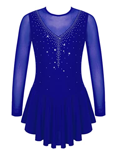 Yuumin Girls Long Sleeves Figure Ice Skating Dress Kids Leotard Roller Skating Rhinestones Sheer Mesh Ballet Dance Dress Royal Blue 12 Years #TOP11
