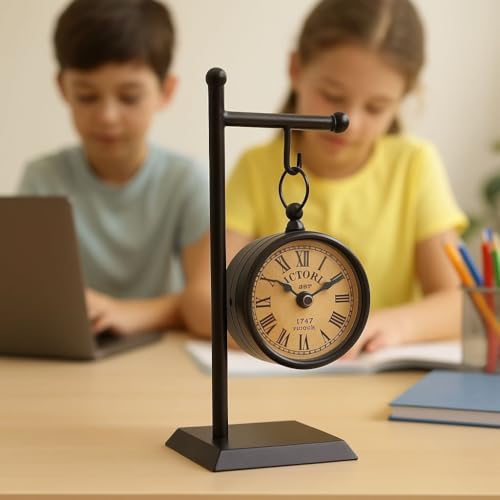 Image of 14 inch | Vintage London Station Table Clock Antique Black | Wood Iron & Glass Analog Desk Clock Home Decor