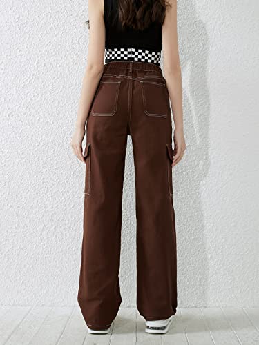Wdirara Girl's High Waisted Button Straight Leg Cargo Jeans Denim Pants With Pockets Coffee Brown 10-11Y #TOP1