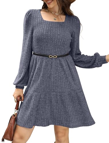 Image of Sampeel Womens Square Neck Long Sleeve Fall Dresses Casual Babydoll Sweater Dress