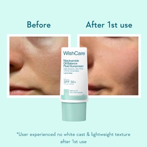 Image of WishCare Niacinamide Oil Balance Fluid Sunscreen SPF 50 PA++++ In-Vivo Tested | 8Hrs+ SPF Protection | Lightweight, Matte & No White Cast | Sunscreen SPF 50 For Oily Skin, Sensitive, Dry & Combination Skin | For Women & Men | 30ml