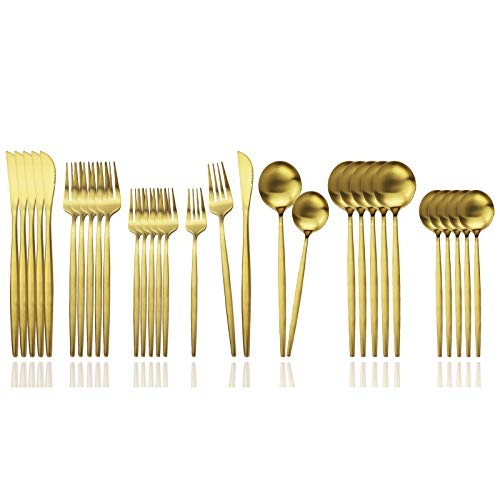 JASHII Flatware Silverware Set - Stainless Steel Satin Finish Cutlery Service for 6, 30-Piece Spoons and Forks Kitchen Utensils, Dishwasher Safe (Matte Gold)