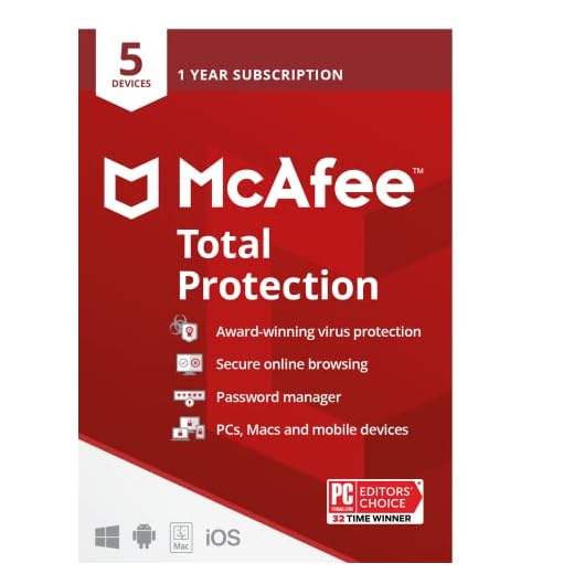 McAfee Total Protection | 5 Device | Antivirus Internet Security Software | VPN, Password Manager, Dark Web Monitoring | 1 Year Subscription | Key Card