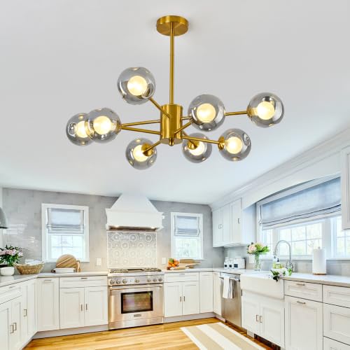 Image of 8 Light Sputnik Gold Glass Globe Chandelier for Dining Room Light Fixture