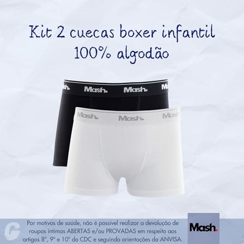 INFANTIL MASH Kit 2 Cuecas Boxer Algodão Cueca Box Meninos Crianças, Branco - Preto, P - Infantil