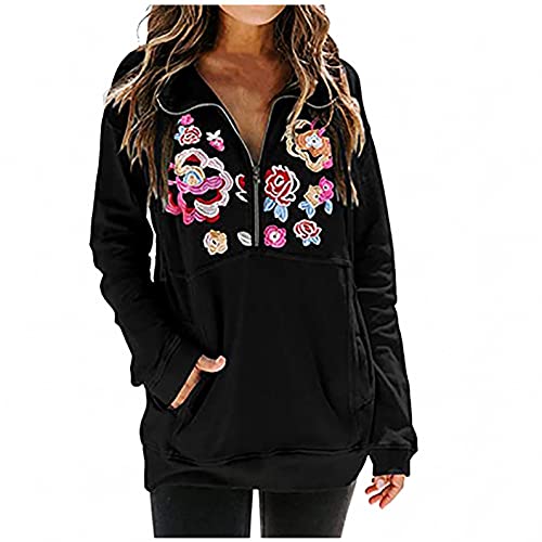Padaleks Women s Long Sleeve Lapel Half Zip Up Sweatshirt Black Stylish Embroidery Loose Fit Casual Pullover Tops