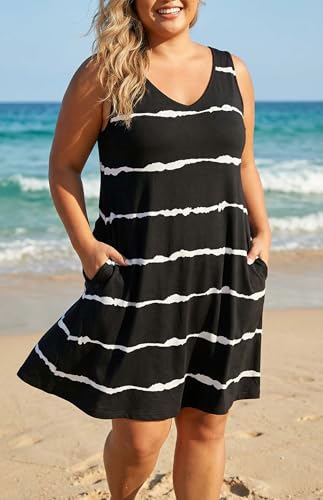 Image of Women Plus Size V Neck Sleeveless Floral Print Pocket T Shirt Dresses Casual Midi Tank Dress Beach Cover up Sundress (XL-5X)