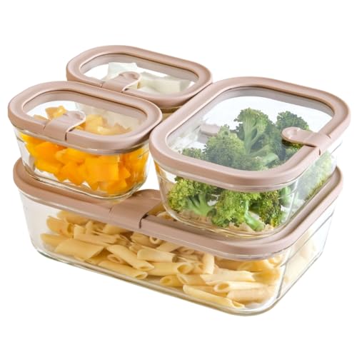 Image of Nestasia Vento Glass Containers with Lid Set of 4 (370ml x 2, 930ml x 1, 2500ml x 1) - Microwave, Refrigerator & Dishwasher Safe Containers with Air Vent Lid for Fridge Storage (Beige)