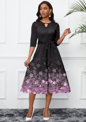 Image of CLOCOR Midi Dresses for Women Casual A-Line Fit and Flare Dress Crewneck 3 /4 Sleeve Keyhole Cocktail Party Church Dress