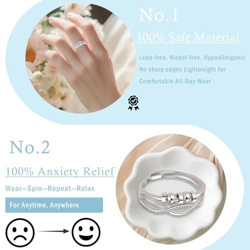 Silver Anxiety Ring, 925 Sterling Silver Fidget Rings for Anxiety Women, Stress Spinner Rings with Beads, Zirconia Thumb Ring for Anxiety Relieving, Adjustable Stressring with Jewellery Box - Image 6