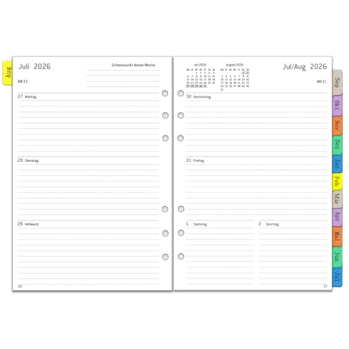 2026 2027 Wochenplaner Einlage A5 6 Löcher auf Deutsch 1 Woche 2 Seiten mit Monatsübersicht Notizen Kontakt Aug 2026 - Jul 2027 100 GSM Kalendereinlage für Kalender 2026/27 Planer Organizer