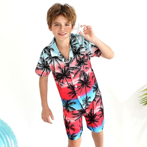 Image of Weixinbuy Boys Summer Outfits Short Sleeve Hawaiian Shirt and Shorts Vacation Set for Kids Summer Clothes Set