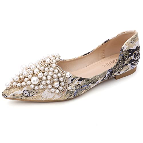 Pearl Decoration Women's Flat Bottom Pointed Toe One Step Shoes