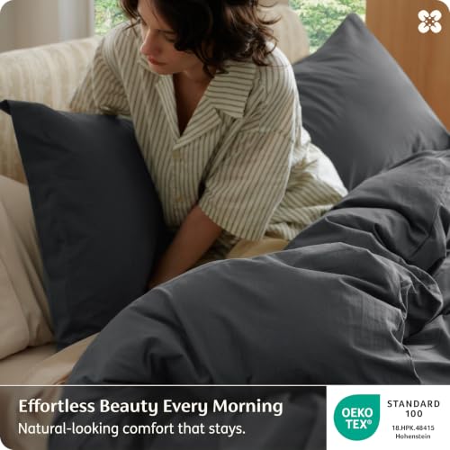 Image of Bedsure 100% Washed Cotton Duvet Cover Cal King - Charcoal Minimalist Bedding Set Linen Like - PureWoven Plain Simple & Soft Comforter Cover for All Seasons (Charcoal, California King, 104 inchx98 inch)