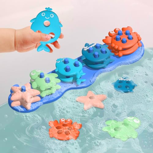 Baby Bath Toys, Premium Silicone Mold Free Ocean Animal Shape Sorting & Stacking Toddlers Bath Toys, No Hole Bathtub Floating Toys Gift for Boys...