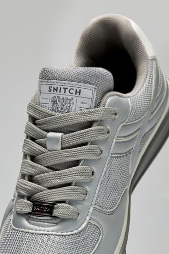 Image of SNITCH Men Sneakers | Retro Streetwear Design with Side Stripe Overlays & Numerical Embroidery | PU & Textile Upper with Durable TPR Sole, Casual Street Wear | Trendy Men's Footwear | Grey