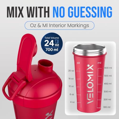Image of VELOMIX 24oz Stainless Steel Shaker Bottle with Wire Whisk (Red) | Wire Whisk Included, Leak Proof, No Clumps, Insulated, For Protein Shakes and Smoothies, Odor and Stain Resistant
