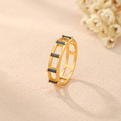 Bague creuse en zircon noir anti-ternissement en cuivre plaqué or double bande