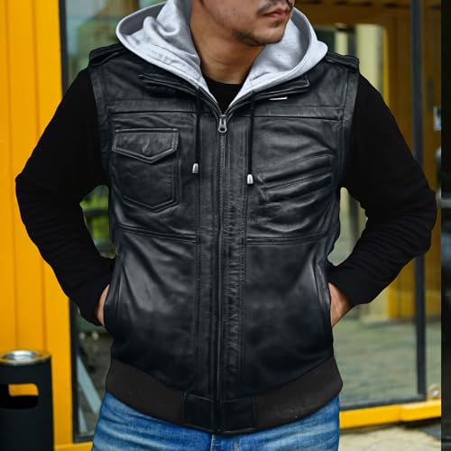 Image of Jild Hooded 2.0 Leather Jacket Men - Genuine Lambskin Leather Bomber Jacket with Removable Hood for Mens Fashion