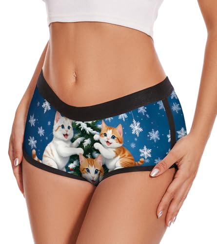 Aueyan Christmas Underwear for Women Funny Cat Panties Womens Stocking Stuffers Blue Underpants Christmas Cute Xmas Accessories for Her Wife Girlfriend,S