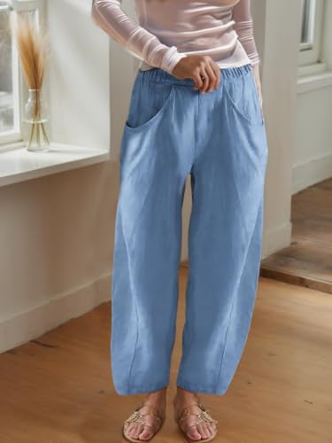 Women's Cotton Linen Harem Pants Work Casual Elastic Waist Pants with Pockets Lightweight Summer Beach Palazzo2
